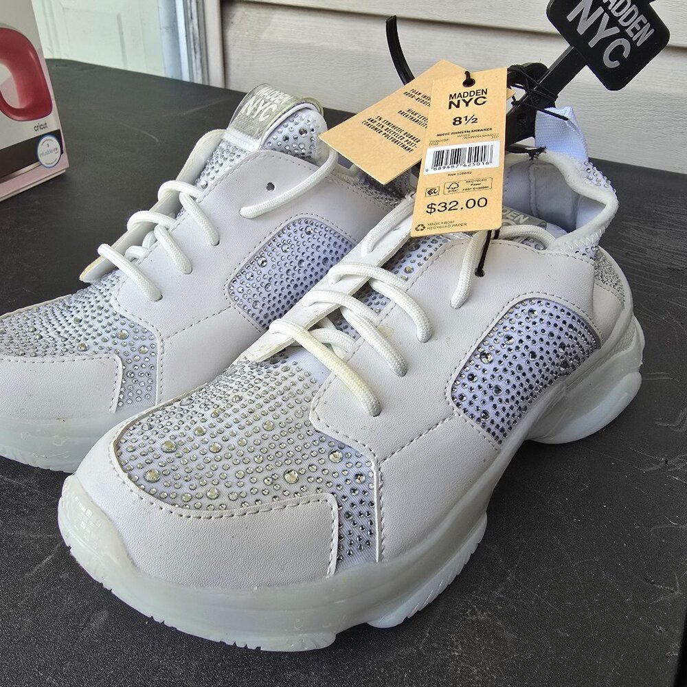 Steve Madden Madden NYC Rhinestone Athletic Sneaker Shoes White Women's 8.5